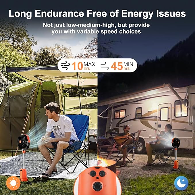 Odoland 20000mAh Camping Fan with Lantern, 360° Oscillation Table Fan with Remote & Hook, Rechargeable Battery Operated Outdoor Power Fan with Light for Camp, Family Travel and Jobsite, Orange