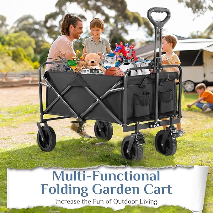 DUMOS Foldable Wagons Carts with All-Terrain Wheels, 170L & 400LBS Portable Wagon Large Capacity Utility Cart with Drink Holders, Heavy Duty Collapsible for Sand, Beach, Gardening (Extra Large Black)