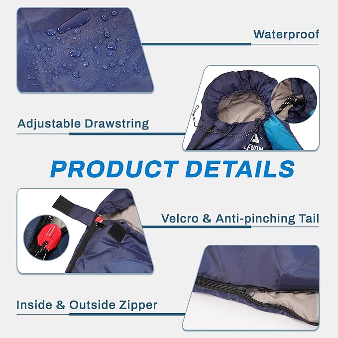 Sleeping Bag for Adults Teens Kids Cold Warm Weather, Portable Waterproof & Lightweight, Compact with Compression Sack, for 3-4 Seasons Camping, Backpacking, Hiking, Travel, Indoors Outdoors