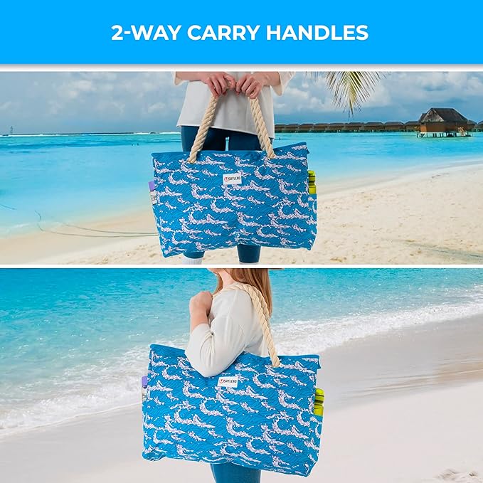 SHYLERO Beach Bag and Pool Bag. Has Airtight Pouch, Ton of Pockets. Beach Tote is Zippered, Water Resistant. Family Size