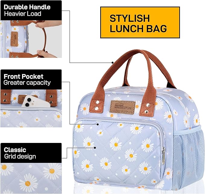 Buringer HOMESPON Lunch Bag for Woman Man Adults with Front Pocket Insulated Lunch Tote Lunch Box Container for Work Picnic or Travel（Blue Daisy）