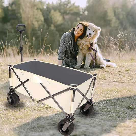 Collapsible Folding Wagon with Big Wheels,Heavy Duty Utility Beach Buggy Cart w/Adjustable Handle and Drink Holder,for Sand,Shopping,Camping,Garden,Outdoor,38",Antique White