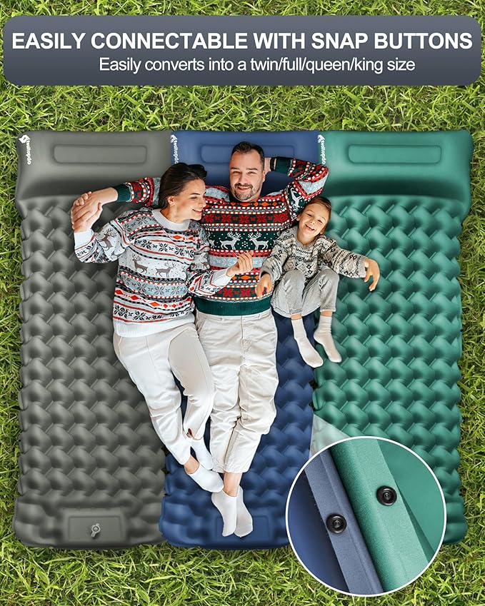 Inflatable Camping Sleeping Pad with Pillow & Foot Pump, 3"x79"x26" Single Camping Air Mattress, Compact Roll-Up, Quick-Dry & Durable Sleeping Mat for Backpacking, Hiking, Tent, Travel – Lake Green