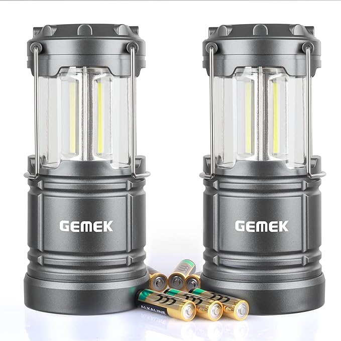 GEMEK Camping Lantern, 2 Portable LED Battery Powered Lantern with Magnetic Base & Foldable Hanging Hook- Collapsible Lamp Perfect for Power Outages, Hiking, Campsites, Roadside Car Repair (Gray)