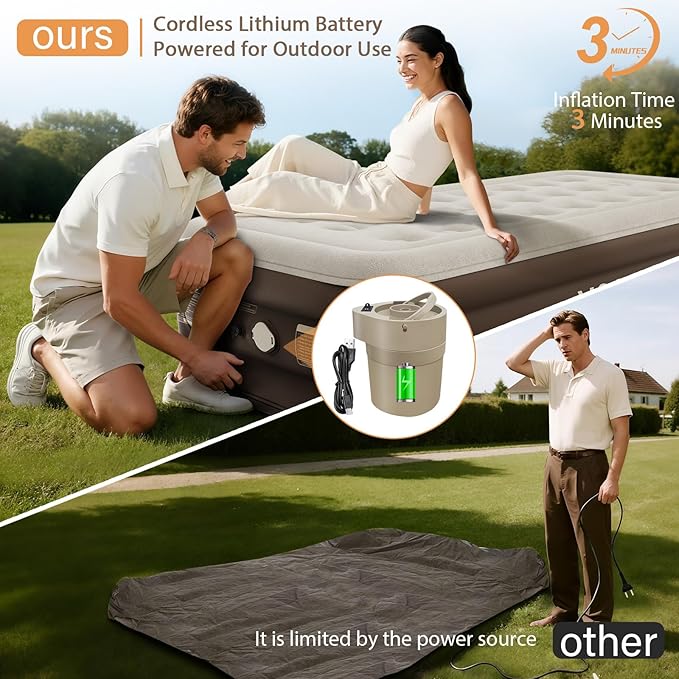 Twin Size Airbed with Detachable Rechargeable Pump - for Camping & Home Use, Portable Design, Supports up to 330 lbs MAX