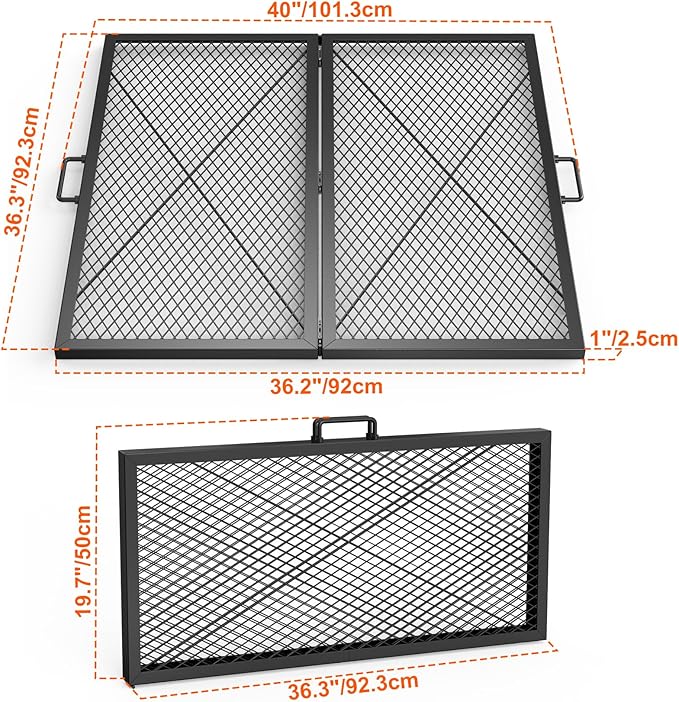 only fire Foldable X-Marks Fire Pit Cooking Grate, Portable Campfire BBQ Grill for Outdoor, Square Heavy Duty Steel Campfire Grill Grate with Handles, 36 inch