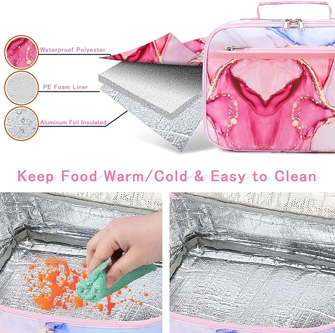 LOIDOU Lunch Box Kids Girls Boys Insulated Lunch Bag Thermal Meal Tote Women Reusable Lunch Pail Bags for School Travel (Marble Pink)
