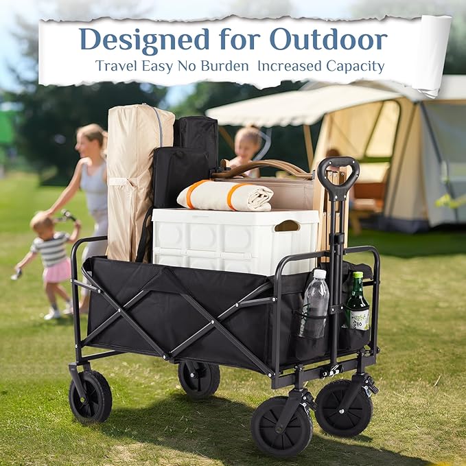 DUMOS Foldable Wagons Carts with All-Terrain Wheels, 170L & 400LBS Portable Wagon Large Capacity Utility Cart with Drink Holders, Heavy Duty Collapsible for Sand, Beach, Gardening (35IN Black)