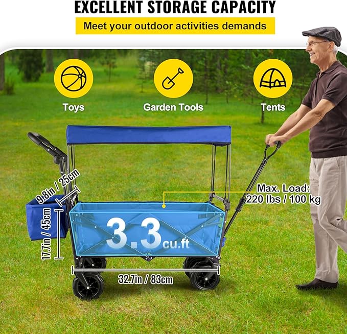 Happbuy Collapsible Wagon with Removable Canopy, 220lbs Heavy Duty Foldable Beach Wagon with Big Wheels