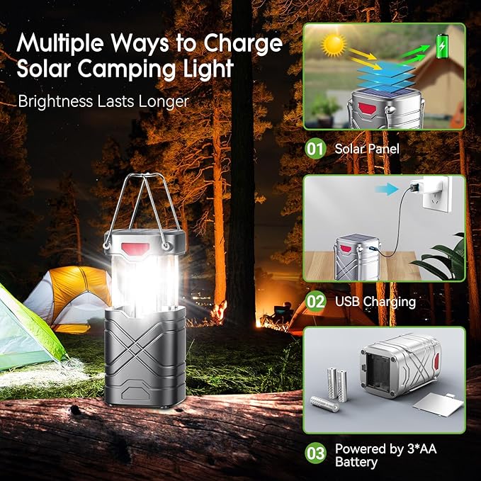 LETMY 4 Pack Camping Lantern, Rechargeable LED Lanterns, Solar Lantern Battery Powered Hurricane Lantern Flashlights with 3 Powered Ways & USB Cable for Emergency, Power Outage, Hurricane Supplies