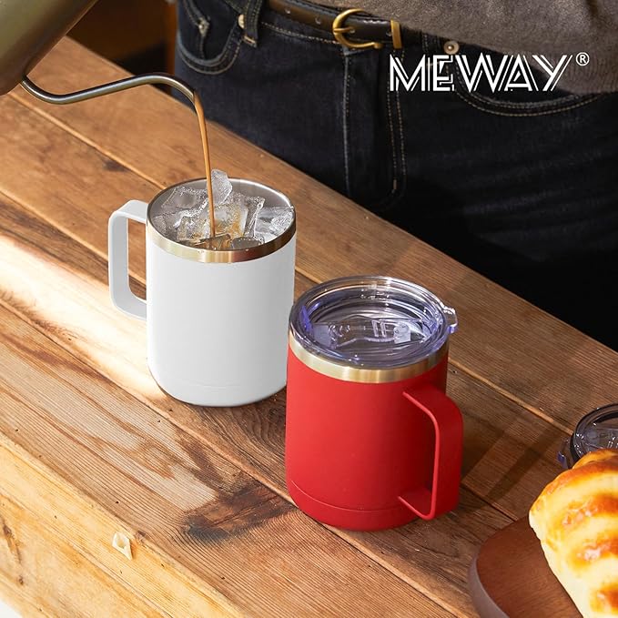 MEWAY 12oz Coffee Mug With Handle 8 Pack Bulk,Stainless Steel Insulated Travel Tumblers With Sliding Lid,Double Wall Vacuum Camping Cup for Hot & Cold Drinks Tea (White,Set of 8)