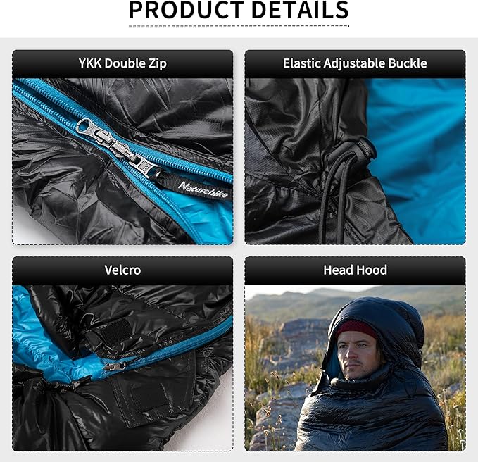 Naturehike Ultralight Down Sleeping Bag, 650FP, 3-4 Season, Adults, 32-42, Waterproof, Compact, Camping, Hiking