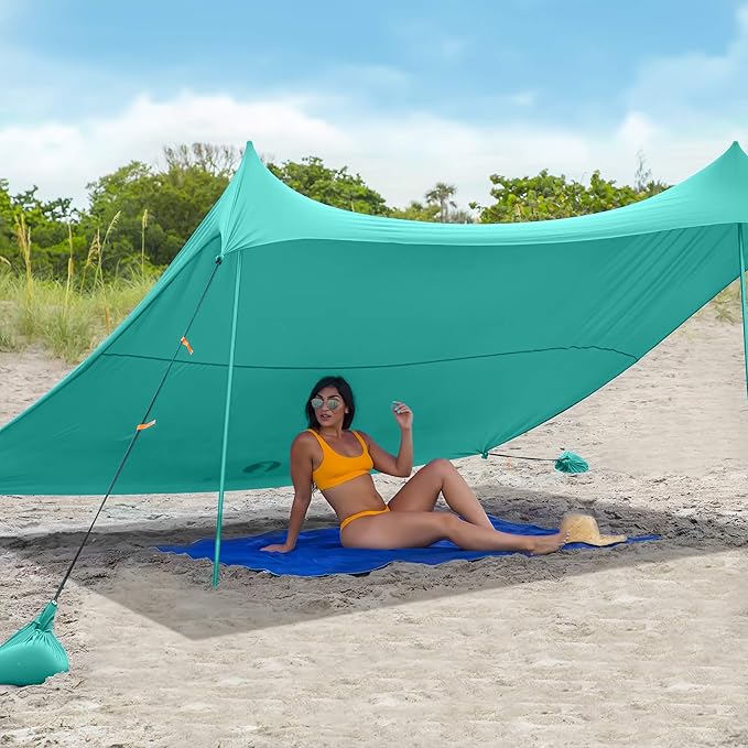 Red Suricata Family Beach Tent & Canopy, UPF50 Sun Shade, 4 Aluminum Poles, Sand Shovel, Large Portable Sun Shelter