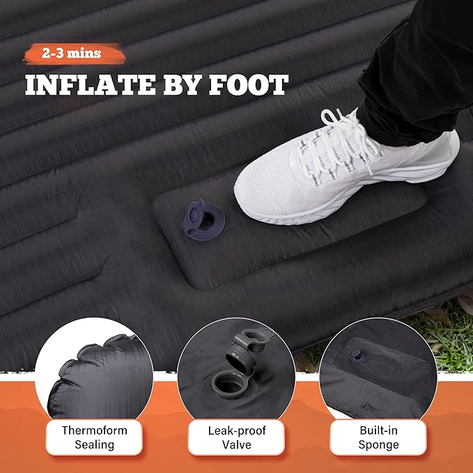 TOBTOS Double Sleeping Pad for Camping, Extra Thick 6" Camping Mattress 2 Person with Pillow Built-in Foot Pump, Inflatable Sleeping Mat for Backpacking, Hiking, Traveling (Dark Grey)