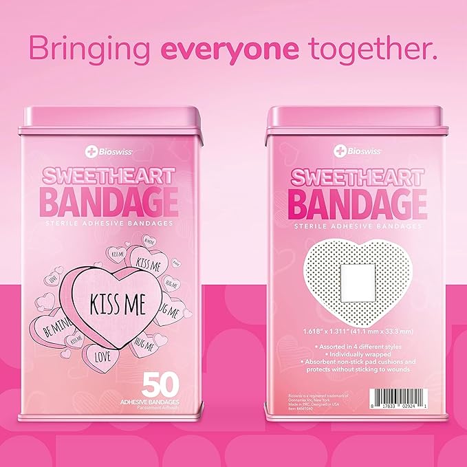 BioSwiss Bandages, Valentine Heart Shaped Self Adhesive Bandage, Latex Free Sterile Wound Care, Fun First Aid Kit Supplies for Kids, 50 Count