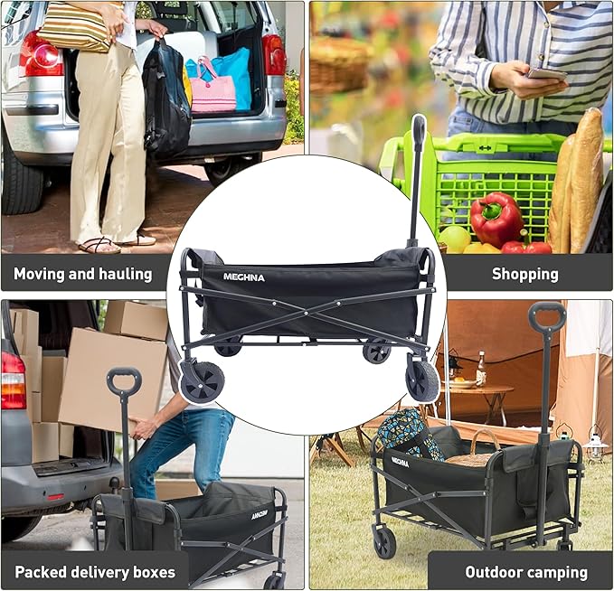 Collapsible Folding Wagon Cart with 5" All Terrain Wheels Heavy Duty Folding Portable Wagon 110L Capacity for Camping, Sports, Shopping Black