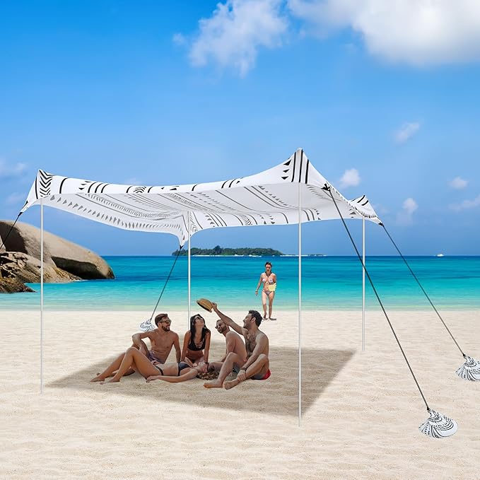 Beach Tent, Beach Canopy Sun Shade UPF 50+, Portable 10×10 FT Camping Sun Shelter with Sandbags, Poles, Ground Pegs and Anti-Wind Ropes Easy Setup for Outdoor, Backyard, Picnics, Fishing