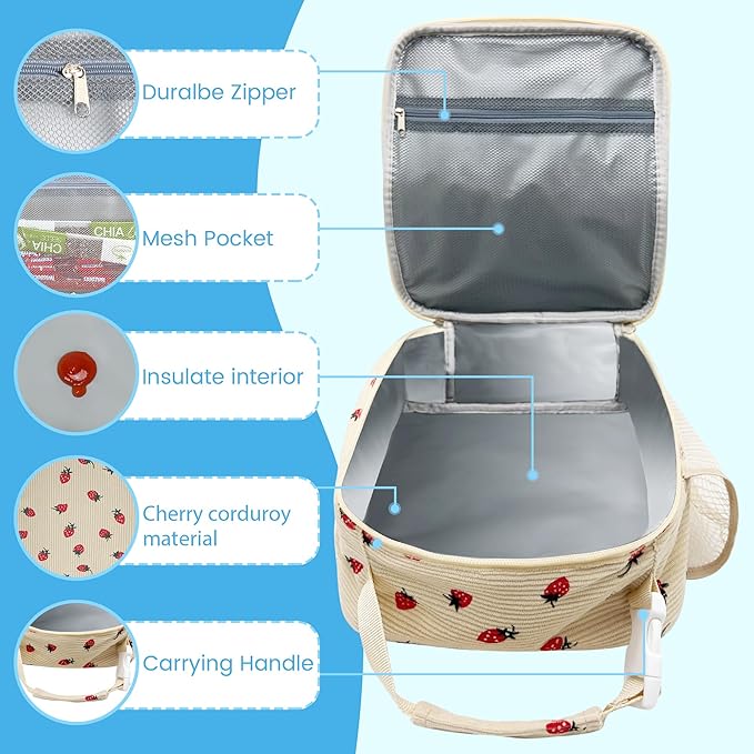 RLGPBON Cute Insulated Lunch Bags for Women and Teen Girls, Corduroy Lunch Tote Bags Reusable Lunch Box, Large Capacity Cooler Tote Bag for Work Picnic or Travel