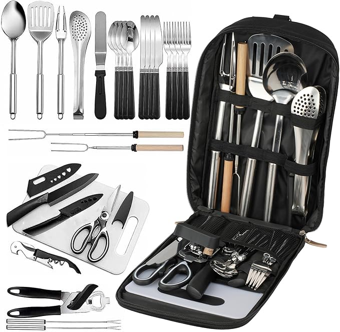 aiGear Camping Kitchen Utensil Set 27 Piece Portable Cookware Kit for BBQs, Outdoor Cooking, Picnics, and Adventures Camping Cookware Kitchenware Storage