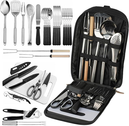 aiGear Camping Kitchen Utensil Set 27 Piece Portable Cookware Kit for BBQs, Outdoor Cooking, Picnics, and Adventures Camping Cookware Kitchenware Storage