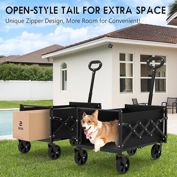ZENPETIO 28" Collapsible Wagon Cart with Wheels Foldable, Tail Expansion 360lbs Portable Utility Beach Wagon，Lightweight Folding Cart for Outdoor Shopping Sports Camping