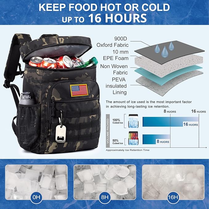 Tactical Backpack Cooler for Men, 25L Large Insulated Backpack Leak-Proof, Heavy Duty Lunch Backpack, Waterproof Ice Chest Bag Women Adults Work Daytrip Camping Beach Hiking