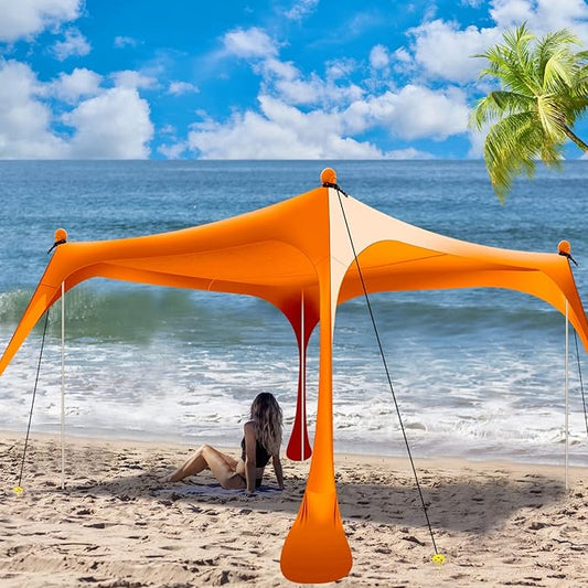 Buheco Beach Tent Pop Up Shade 10x10ft Beach Canopy Sun Shelter UPF50+ with 4 Foldable Poles-Portable Carrying Bag-Sand Shovel-Ground Pegs-Windproof Ropes for Outdoor Family Camping-Fishing- Picnic