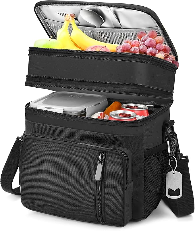 Lunch Box & Lunch Bag for Men Women, Large Insulated Adult Lunch Box, Leakproof Cooler Lunchbox with Bottle Opener for Work Picnic Beach, 16L, Black