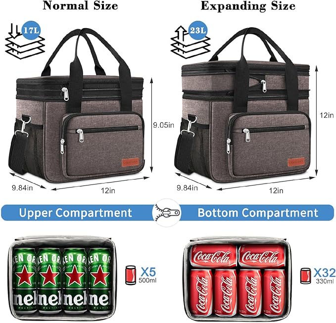 23L Extra Large Expandable Insulated Cooler Lunch Box for Men Double Deck Leakproof Heavy Duty Lunch Bag with 4 Ice Packs&2 Snack Bags for Adult/Construction/Women/Work/Picnic/Camping - Brown