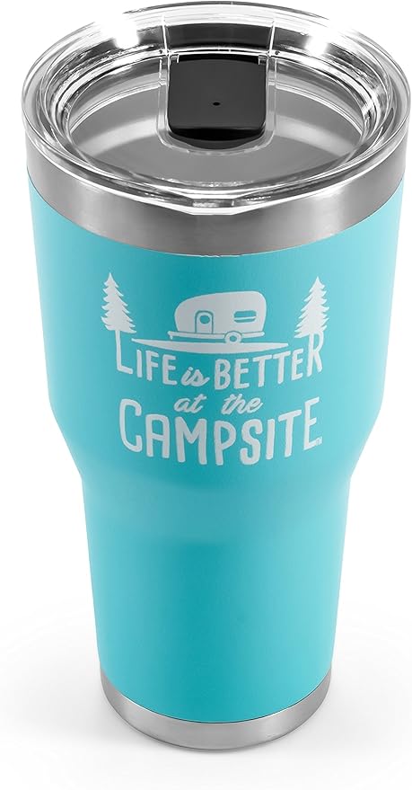Camco Life is Better at The Campsite Tumbler | Heavy Duty Double Wall Vacuum Insulation | Crafted of 18/8 Stainless Steel | Unique “Life is Better at The Campsite” Design on Cool Blue | 30-oz (53058)