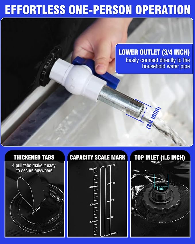 PYY Portable 87 Gallon Water Bladder - Truck Bed & Carrier Cart Water Bob Bathtub Emergency Water Bladders for Outdoor RV & Car Camping Water Bladder Tank with Spigots and Overflow Kit-Black 330L