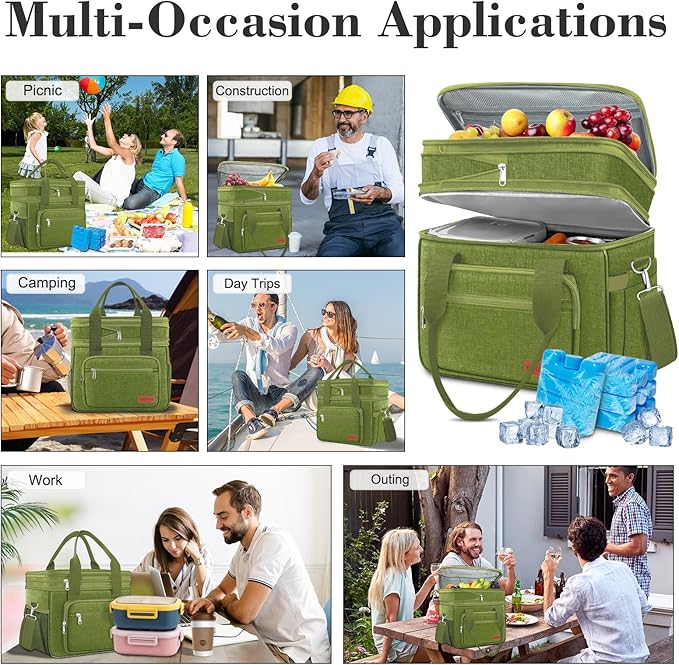 Expandable Insulated Large Cooler Lunch Box for Men 23L Heavy Duty Double Deck Leakproof Lunch Bag with 4 Ice packs&5 Snack Bags for Adult/Construction/Women/Work/Picnic/Camping -Green