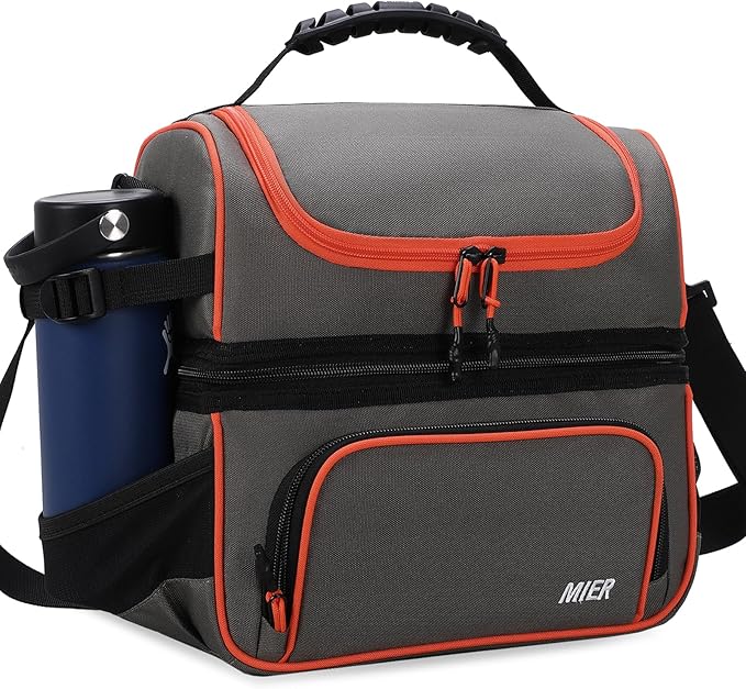 MIER 2 Compartment Lunch Bag Tote with Shoulder Strap for Men and Women Insulated Leakproof Cooler Bag, Grey/Orange