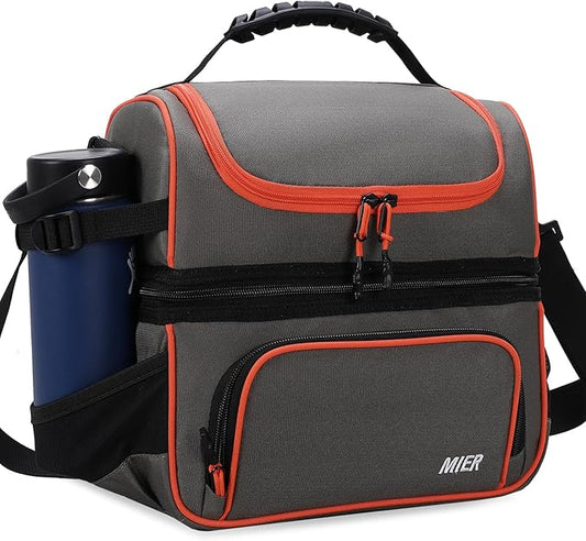 MIER 2 Compartment Lunch Bag Tote with Shoulder Strap for Men and Women Insulated Leakproof Cooler Bag, Grey/Orange