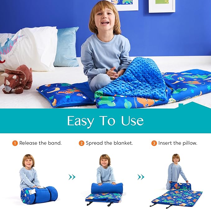 JOIEDOMI Toddler Nap Mat for Preschool 55''x30'' Sleeping Mat with Removable Pillow and Minky Blanket for Kids Ages 3-7 Roll Up Soft Kids Sleeping Bag for Boys Girls Kindergarten Daycare Sleepover