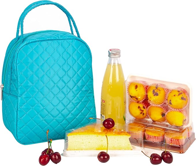 Machine Washable Women Quilted Fabric Insulated Reusable Cooler Lunch Bag Tote Adult Thermal Lunch Box Storage Bag for Ｗork (Blue)