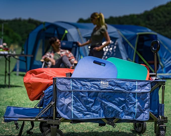 TIMBER RIDGE Tailgate Collapsible Folding Wagon Cart, Heavy Duty Utility Push Pull Beach Wagon Foldable, Outdoor Grocery Cart with Side Pockets for Camping, Garden, Shopping, Holds 225 lbs, Blue
