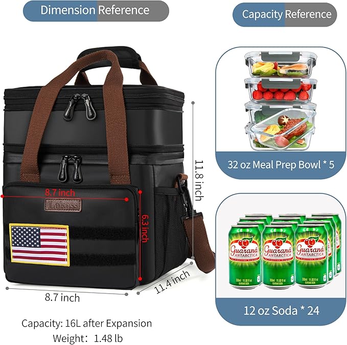 Tactical Lunch Box for Men- Large Insulated Lunch Bag-Expandable Adult Lunch Box with Adjustable Shoulder Strap-Large Lunch Tote Bag for Work Camping Fishing (Black-Leather)