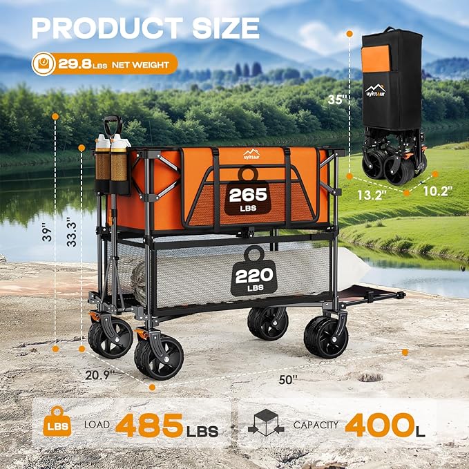 Foldable 50''L Extra Long Double Decker Wagon for Sport, 400L Collapsible Heavy Duty Wagon Cart with Big Wheels, Utility All-Terrain Large Extender Cart for Outdoors, Orange