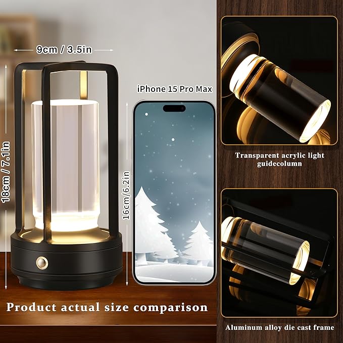 Portable Metal Table Lamp,Cordless Table Lamp, Rechargeable Battery Powered Portable LED Desk Lamp, 3 Color Stepless Dimming Touch, for Bedroom Restaurant Home Outdoor(Black)