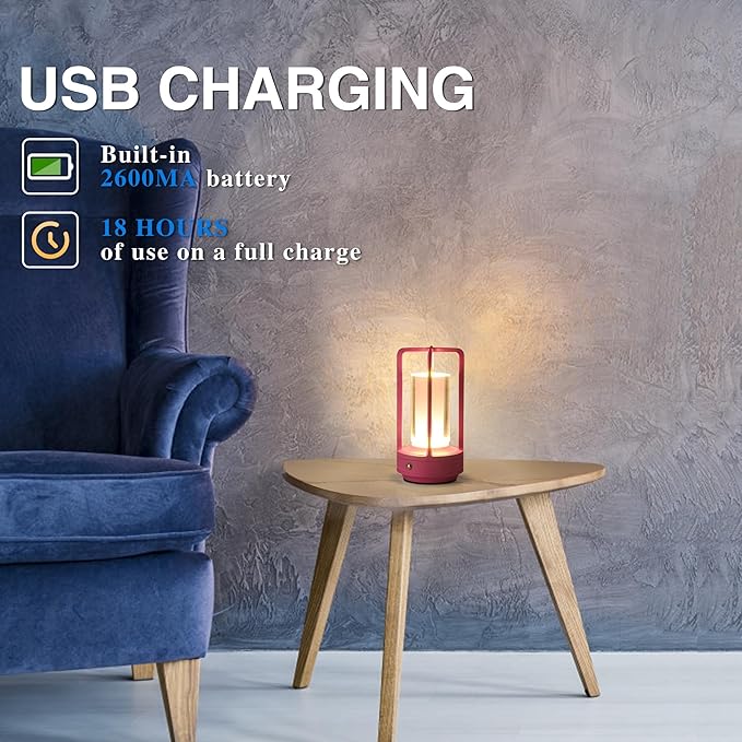 Portable Metal Table Lamp, Cordless Table Lamp, Rechargeable Battery Powered Portable LED Desk Lamp, 3 Color Stepless Dimming Touch, for Bedroom Restaurant Home Outdoor (Pink)