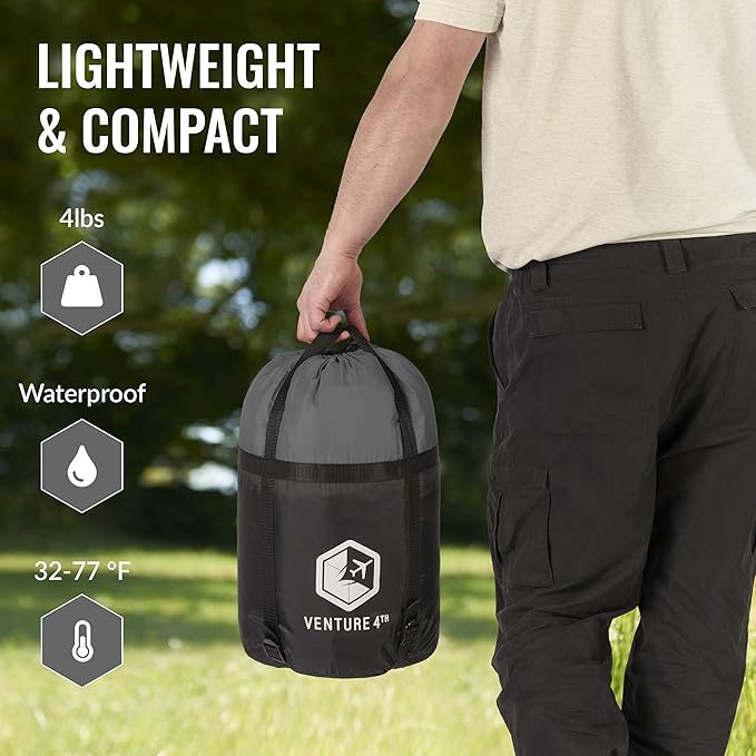 VENTURE 4TH Backpacking Sleeping Bag – XXL, Double and Single Sizes - Lightweight Warm & Cold Weather Sleeping Bags for Adults, Kids & Couples – Ideal for Hiking, Camping & Outdoor Adventures