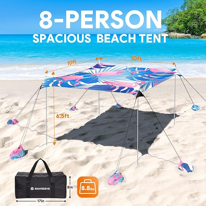 Beach Tent Sun Shelter, 10 x 10 FT Beach Canopy Tent Sun Shade, UPF50+ Beach Tent Canopy with 8 Sandbags & 4 Stability Poles, Outdoor Beach Tent for Beach Camping Fishing, Flamingo
