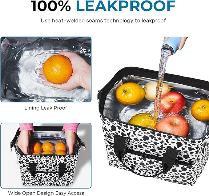 ECHSRT Large Insulated Lunch Bag for Women Men Leakproof Cooler Lunch Tote Bags for Work Travel Adult Thermal Lunchbox for Office -10L Cow Print