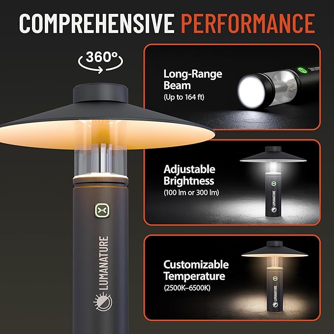 Rechargeable Camping Lantern – LED Outdoor Light with Flashlight & Lantern Modes, Magnetic Base & Hanging Hooks – Waterproof Emergency Light for Camping Backpacking Hiking & Power Outages - Black