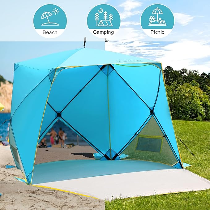 Pop Up Beach Tent, Portable Shade Sun Shelter UPF50+ UV Protection for 4 Person Extendable Floor for Fishing Hiking Camping, Waterproof Windproof(Blue)