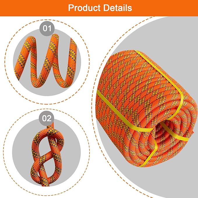 Double Braided Arborist Rope - 3/4 Inch x 100 Feet Polyester Rope - High Strength Climbing Rope for Tree Work, Halyard, Sailing (Orange)