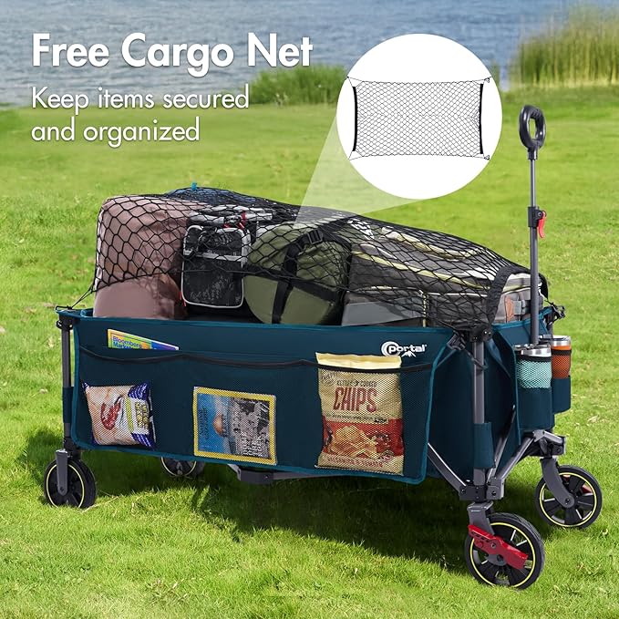 PORTAL 51.2" Long Wagons Carts Foldable with Brakes, Large Collapsible Wagon with Cargo Net, Side Pocket, Cup Holders, 350 LBs Heavy Duty Utility Grocery Wagons for Sports, Camping