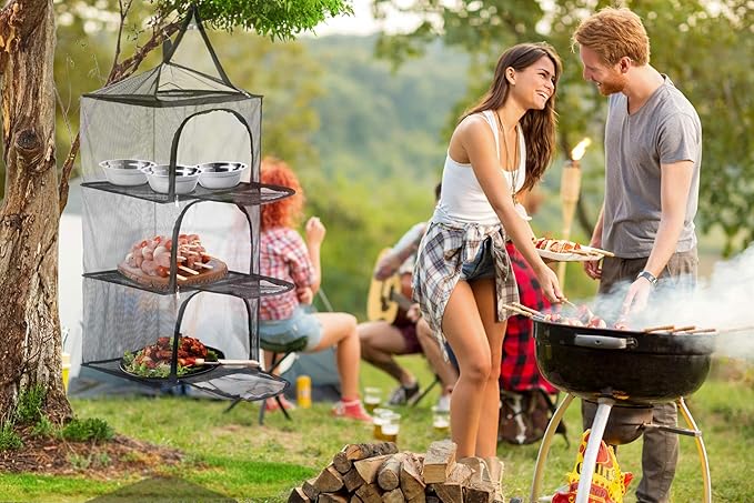 Wealers Outdoor Dry Net Storage and Food Screen 3-Tier Camping, Barbecue, Picnic Meal Protection Organizer | Faster Herb, Clothes, Dish Drying | Foldable (Hanging Dry Net)