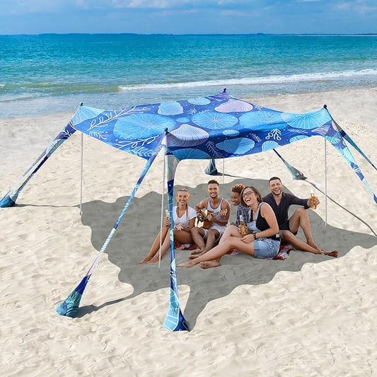 Rhino Valley Beach Tent Sun Shelter, 10x10FT Beach Canopy Tent Sun Shade UPF50+ Protection with 8 Sandbags 4 Stability Poles, Outdoor Beach Shade Canopy 6-8 People for Beach Camping Fishing